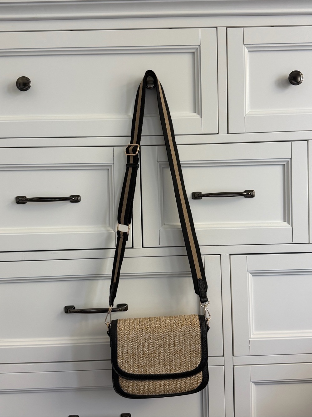 Kelly & Katie Tan Woven Crossbody with Black Trim and Striped Strap